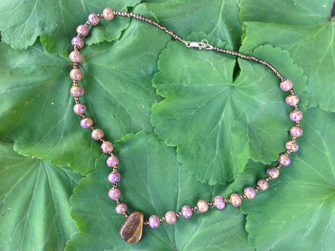 tiger eye and pink ceramic necklace